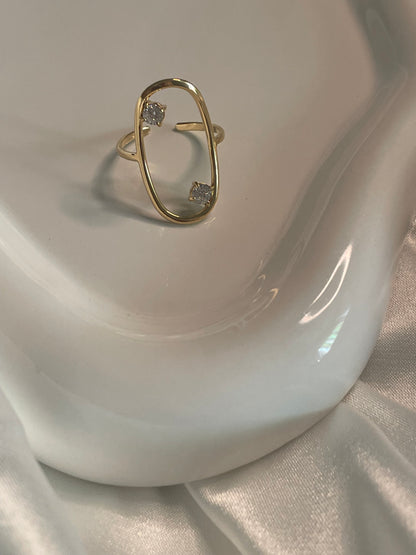 Bague Dorée Ajustable Oblong Large Avec Strass