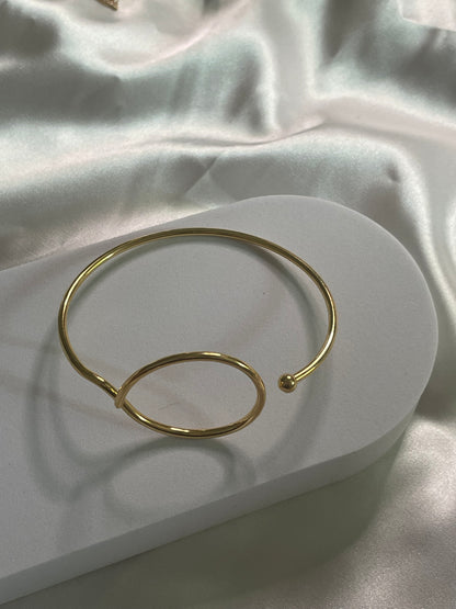 Bracelet Doré Jonc Cercle Ouvert Et Boule Ajustable.