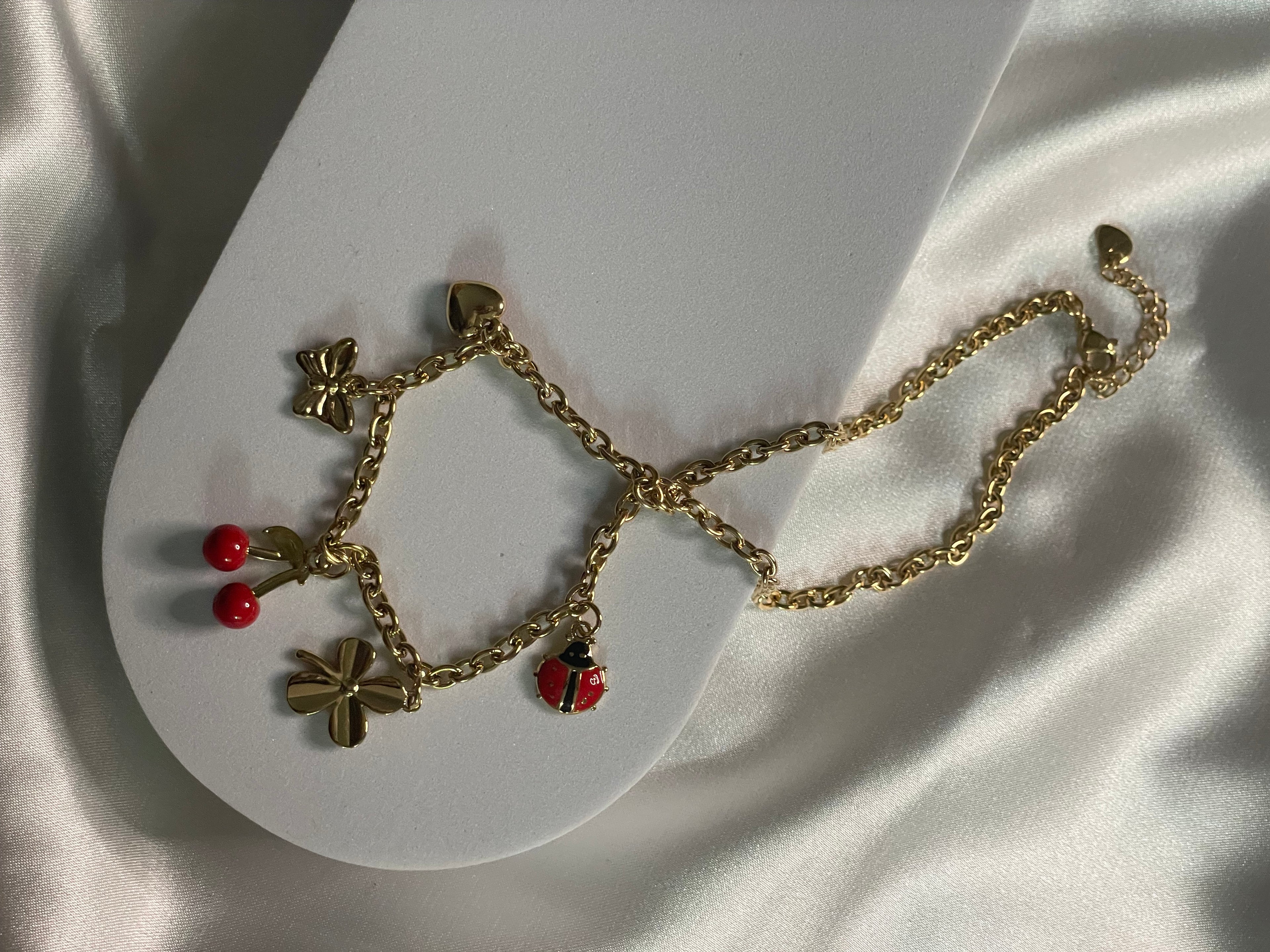 Collier à chaîne en acier inoxydable et charms cerise et printanier